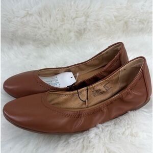 Women's New Time & Tru Scrunch Ballet Flats 7.5 Brown Faux Leather Shoes